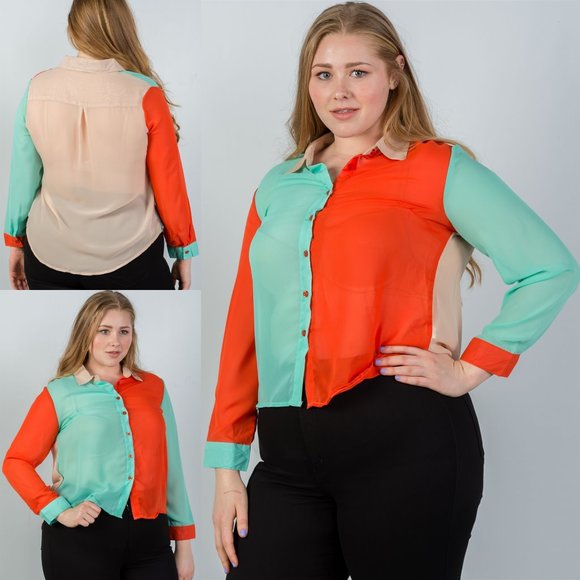 1x-3x Plus Size Semi Sheer Colorblocked  Blouse - Picture 7 of 7